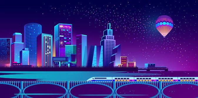 未来科技科幻霓虹灯渐变绚丽城市建筑夜景灯光插画AI/PSD设计素材100套【062】